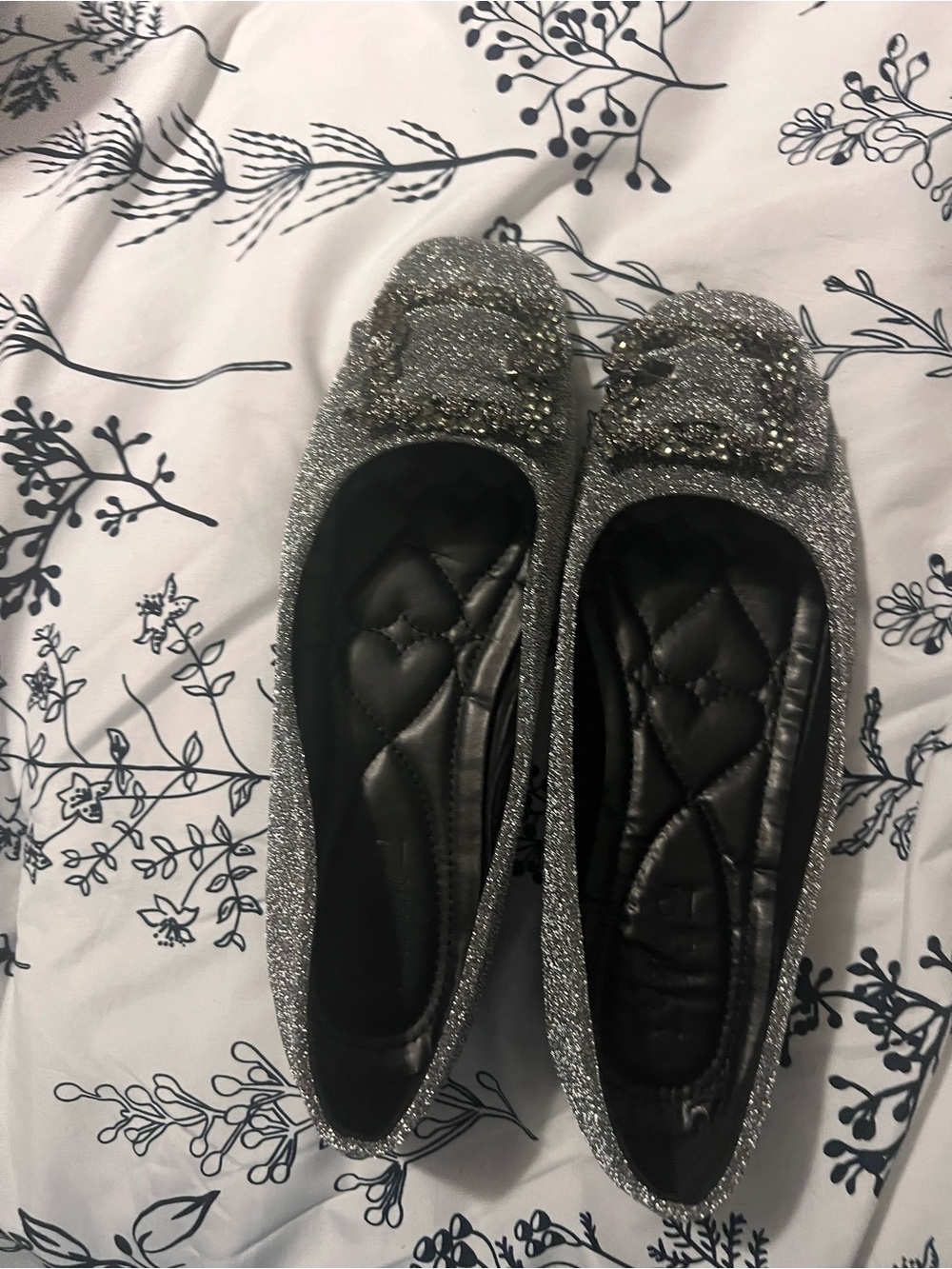 SHEIN Silver Glitter Quilted Ballet Flats with Crystal Buckle